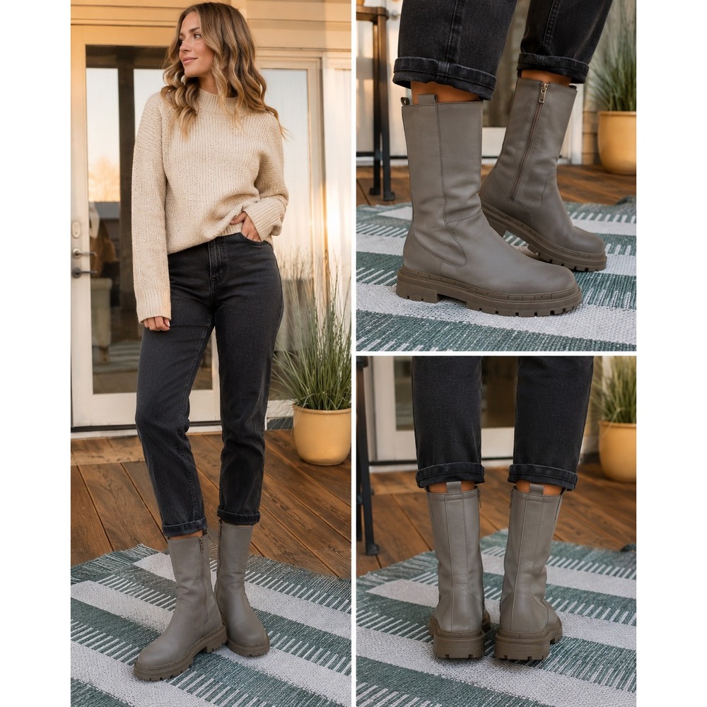Zara Mid-Calf Lug Sole Boots Women 39 Gray Chunky Platform gorpcore moto utility